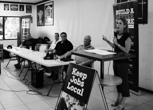 QCU General Secretary Ros McLennan earlier in 2016 addresses a Townsville community meeting of meatworkers concerned about the impact of live cattle export on local employment.